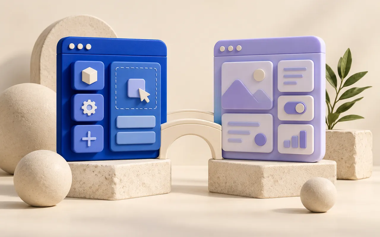 Cobalt and lavender browser sculptures joined by a cream bridge
